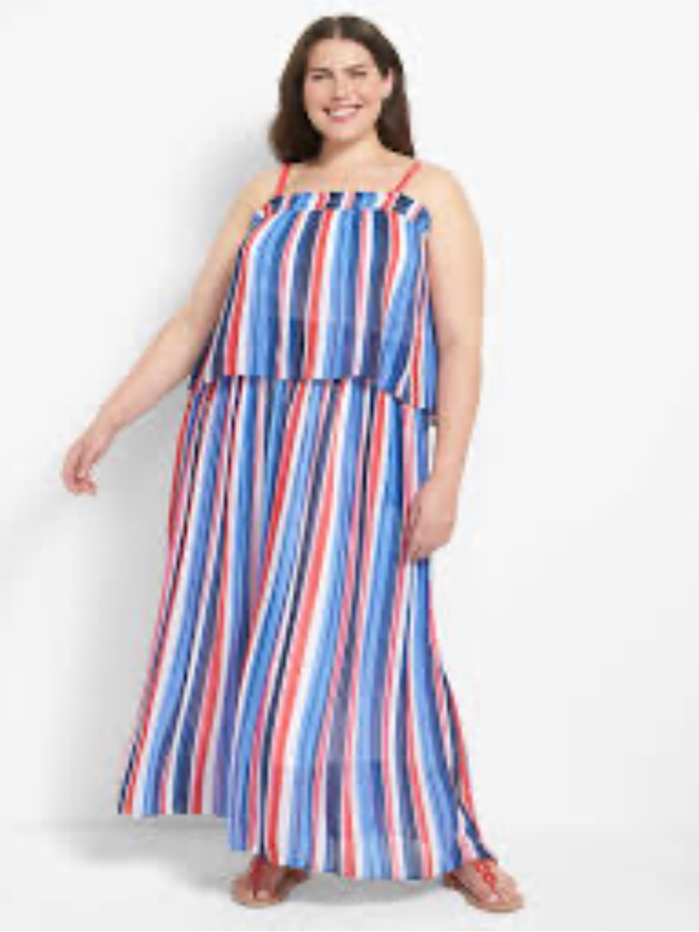 Lane Bryant Pleated Stripe Maxi Dress 14/16 Cold Shoulder Blue Red White
